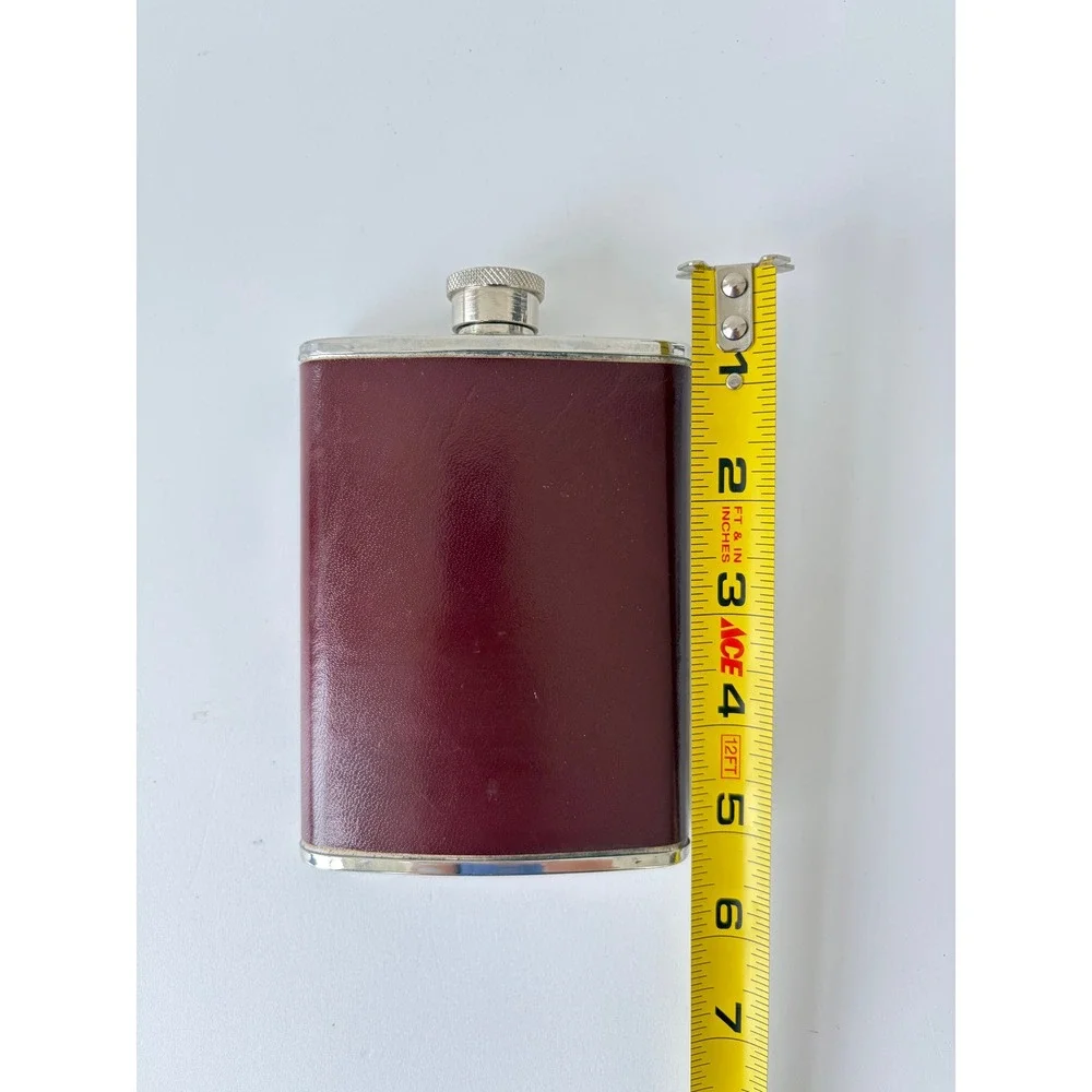 Vintage 6oz Stainless Steel Hip Flask Burgundy Leatherette Wrap Pocket Barware